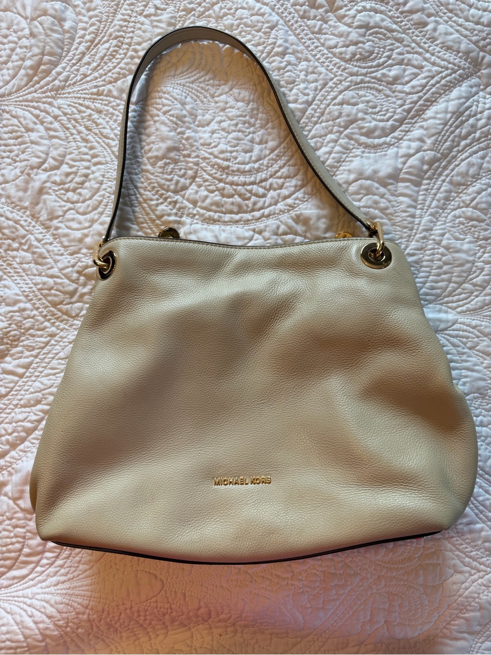 Michael Kors Cream Pebbled Leather Shoulder Bag with Gold Hardware